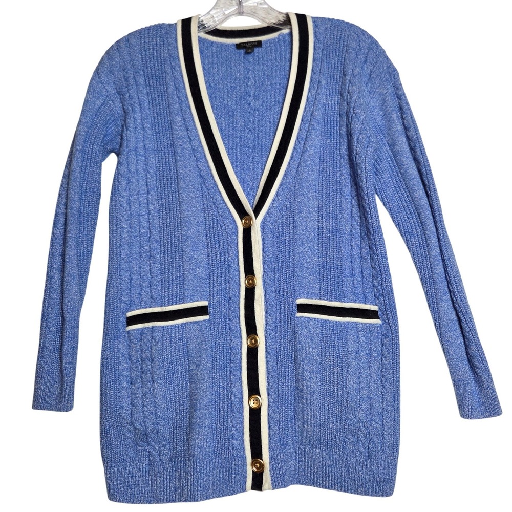 Talbots Cardigan Sweater P Blue Tipped Cable Knit Gold Button Preppy Collegiate
